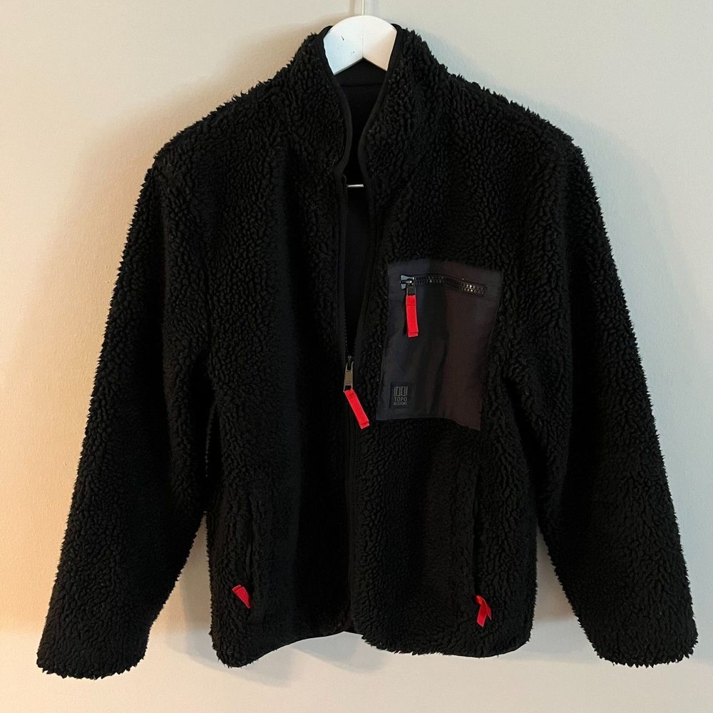 Topo Designs Black Sherpa Fleece Jacket with Red Zipper Accents